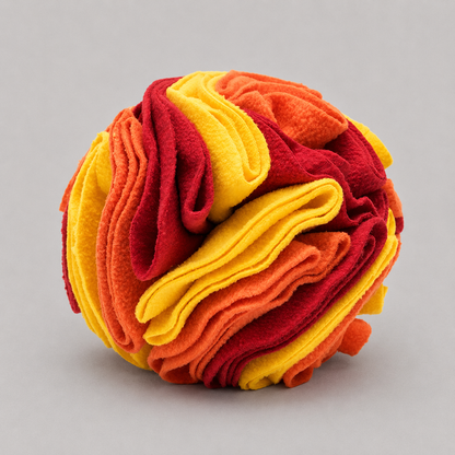 Ball of red, orange, and yellow fabric on a grey background