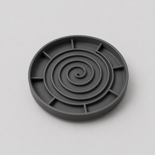 Grey silicone slow feeder dog bowl on a light grey background