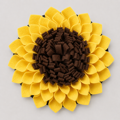 Sunflower-shaped dog snuffle mat enrichment toy with yellow petals and brown center on a light gray background
