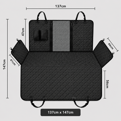 Pawmate black car seat cover with quilted pattern with dimensions on a light grey background