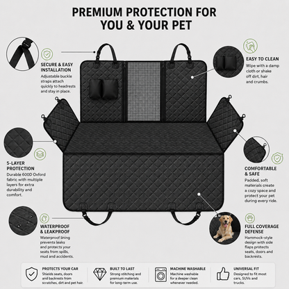 Pawmate black car seat cover with quilted pattern with features highlighted on a light grey background
