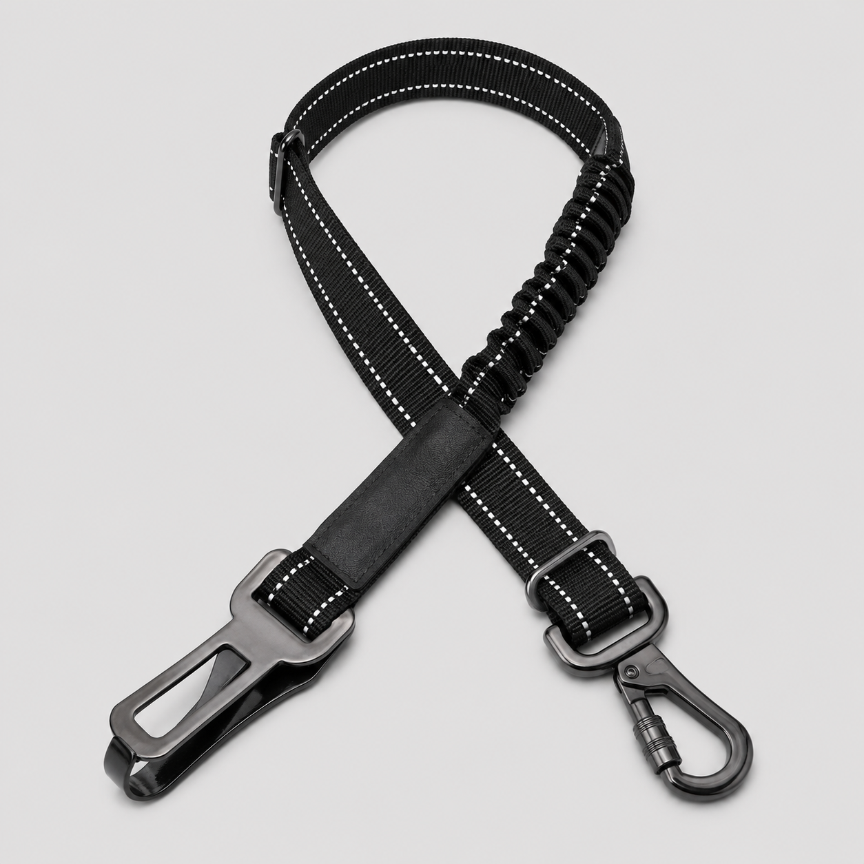Pawmate black dog car seat belt restraint with metal clip on a light grey background