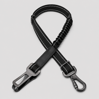 Pawmate black dog car seat belt restraint with metal clip on a light grey background