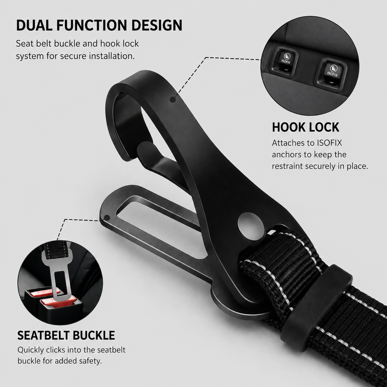 Pawmate black seat belt buckle and hook lock system with text on a grey background
