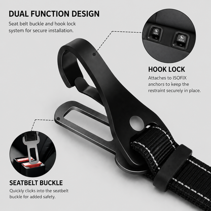 Pawmate black seat belt buckle and hook lock system with text on a grey background